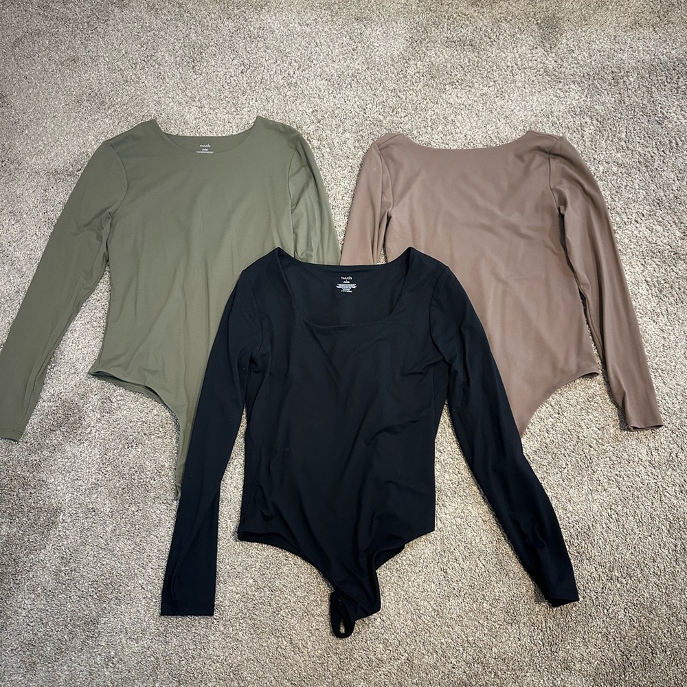 nuuds Long Sleeve Bodysuit Set - Black (L), Olive(L), Brown (M)